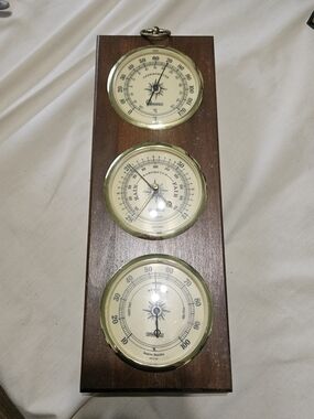 Brown Wood Wall Weather Station with Cream Dials